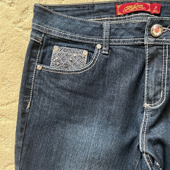 one 5 one Women's Boot Cut Jeans - Dark Blue gem stone decorations on pockets - Picture 3 of 10